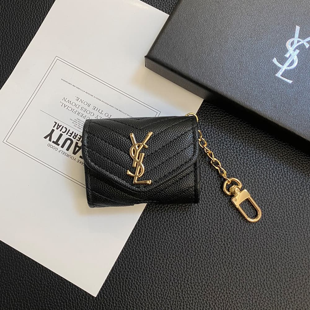 YSL Monogram Luxury AirPods & Samsung Buds Case - Quilted Leather with Gold Chain YSL Monogram Luxury AirPods & Samsung Buds Case - Quilted Leather with Gold Chain