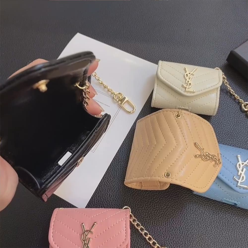 YSL Monogram Luxury AirPods & Samsung Buds Case - Quilted Leather with Gold Chain YSL Monogram Luxury AirPods & Samsung Buds Case - Quilted Leather with Gold Chain