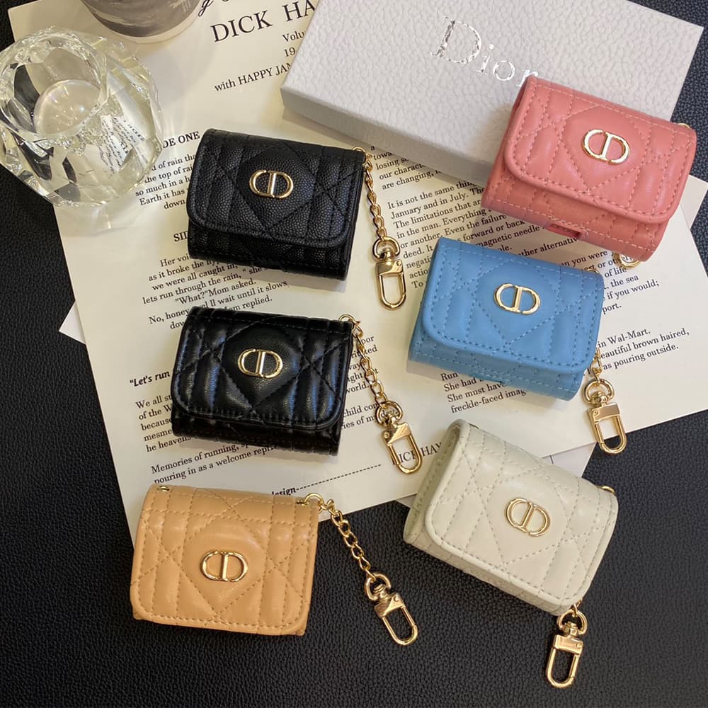 Dior CD Monogram Luxury AirPods & Samsung Buds Case - Quilted Leather with Gold Chain