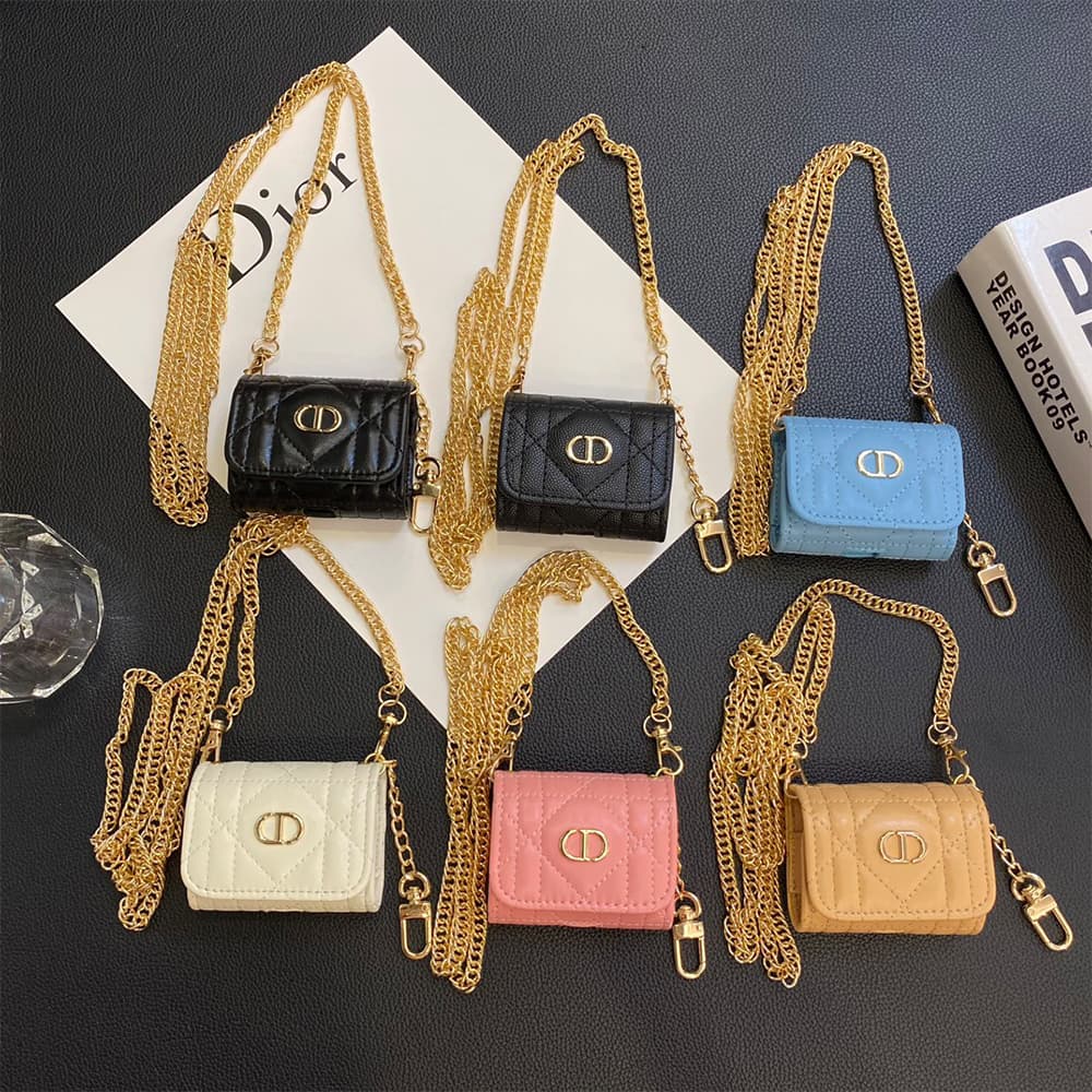 Dior CD Monogram Luxury AirPods & Samsung Buds Case - Quilted Leather with Gold Chain Dior CD Monogram Luxury AirPods & Samsung Buds Case - Quilted Leather with Gold Chain