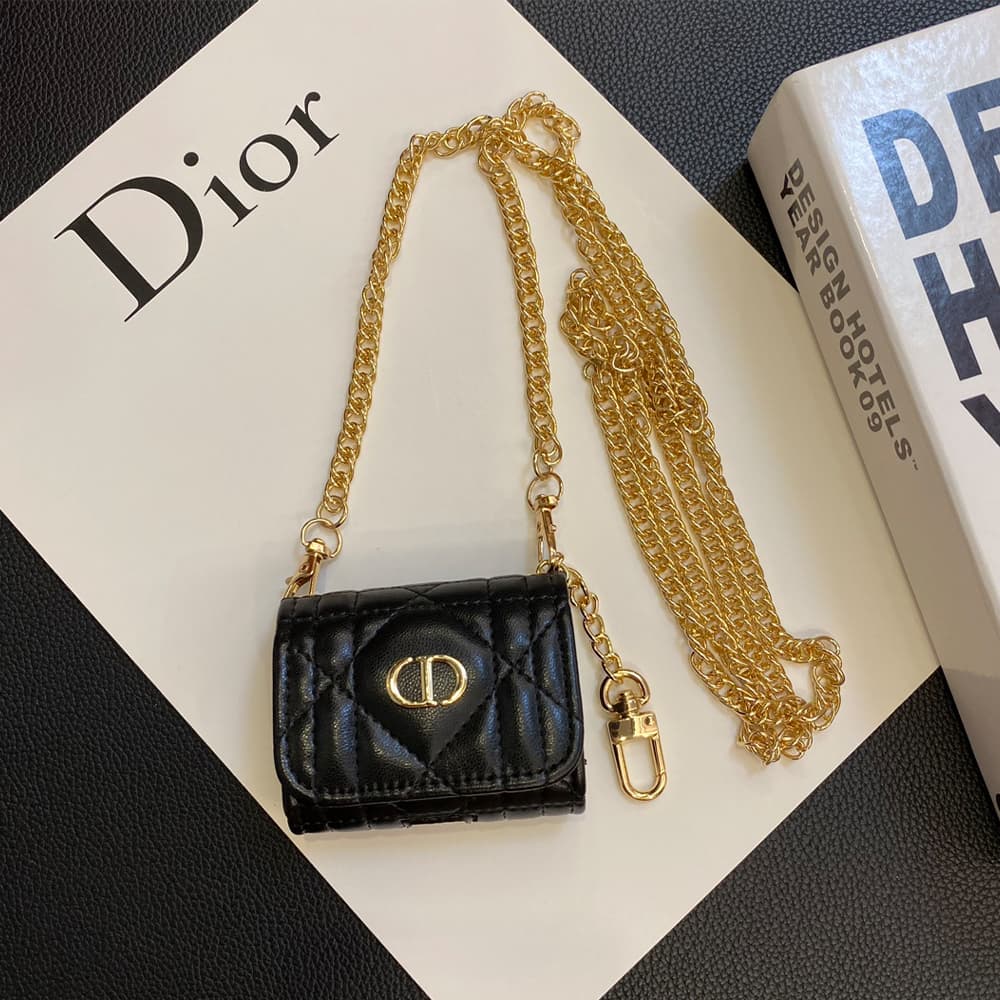 Dior CD Monogram Luxury AirPods & Samsung Buds Case - Quilted Leather with Gold Chain Dior CD Monogram Luxury AirPods & Samsung Buds Case - Quilted Leather with Gold Chain