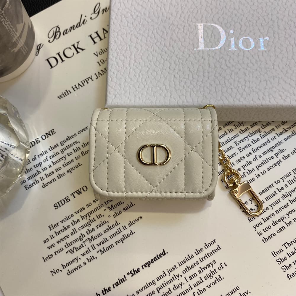 Dior CD Monogram Luxury AirPods & Samsung Buds Case - Quilted Leather with Gold Chain Dior CD Monogram Luxury AirPods & Samsung Buds Case - Quilted Leather with Gold Chain