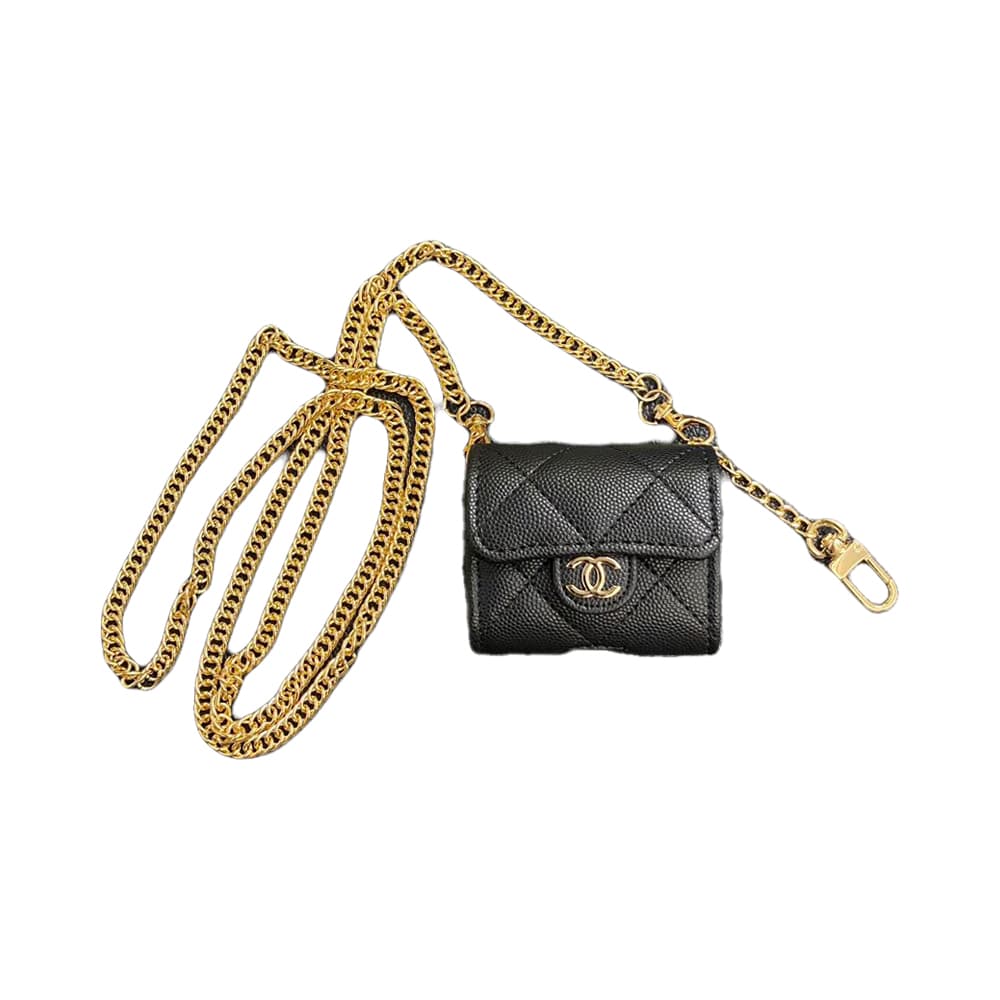 Chanel CC Luxury AirPods & Samsung Buds Case - Quilted Leather with Gold Chain