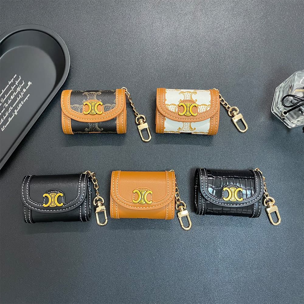Celine Triomphe Luxury AirPods Case - Leather Trim & Metal Chain (Fits Samsung Buds)