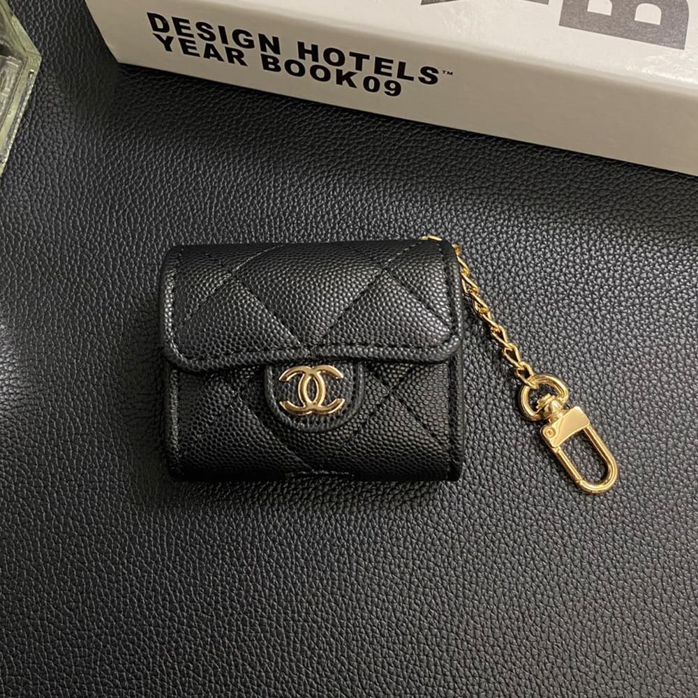 Chanel CC Quilted Leather AirPods & Samsung Buds Case with Gold Chain