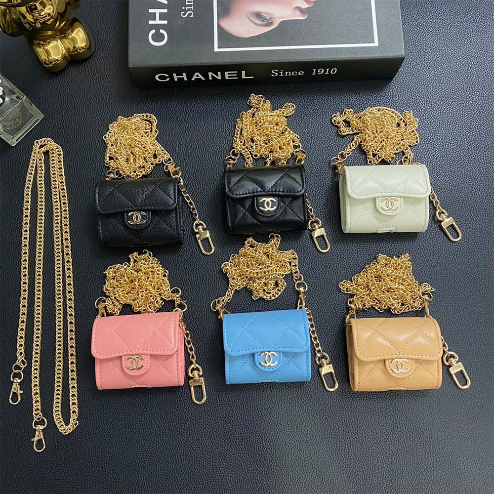 Chanel CC Quilted Leather AirPods & Samsung Buds Case with Gold Chain