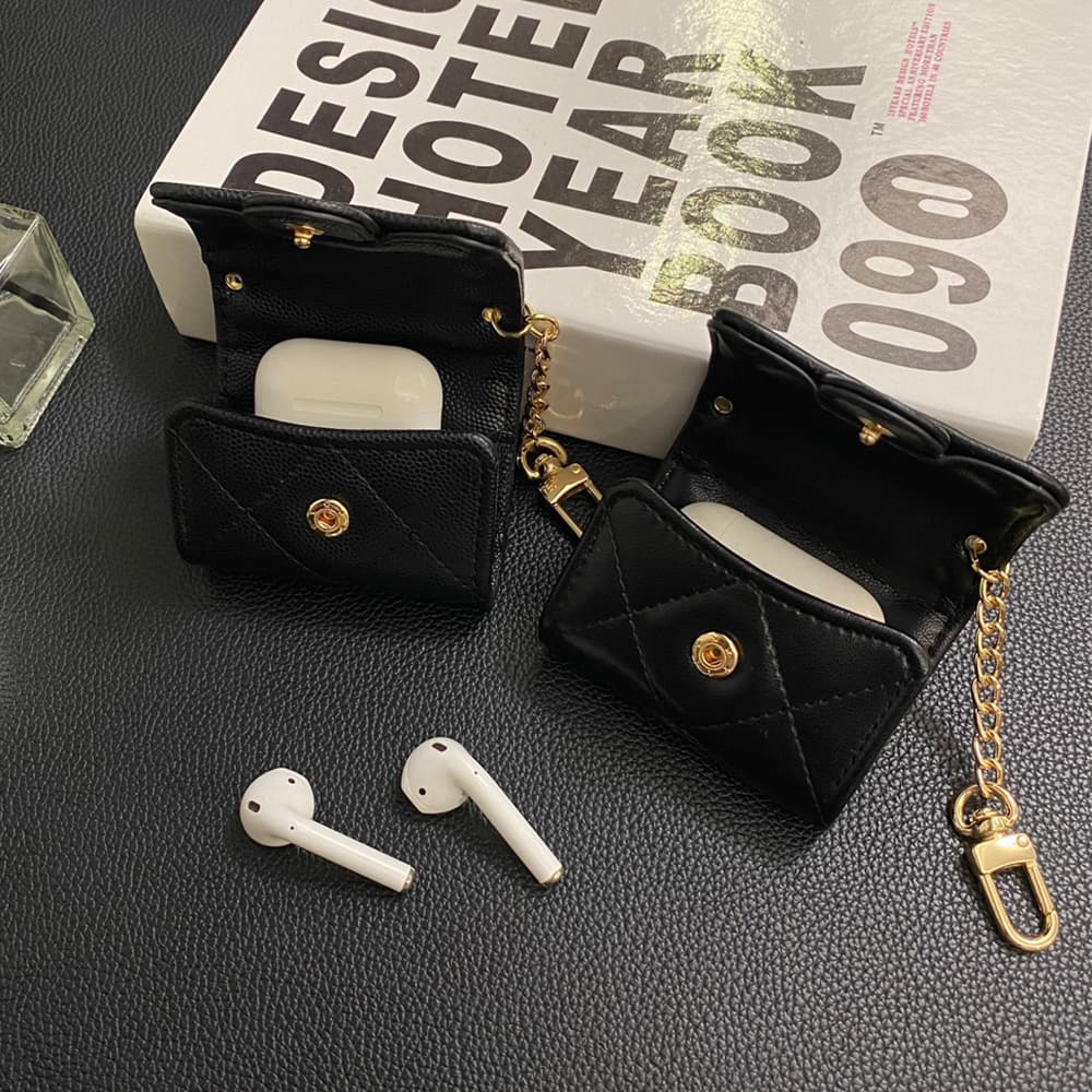 Chanel CC Quilted Leather AirPods & Samsung Buds Case with Gold Chain