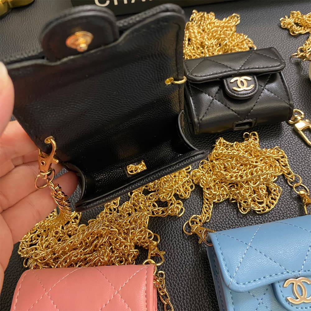 Chanel CC Quilted Leather AirPods & Samsung Buds Case with Gold Chain