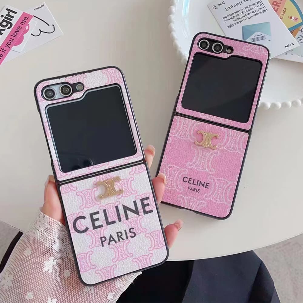 CELINE Luxury Z Flip Case - Triomphe Print Phone Cover with Gold Logo