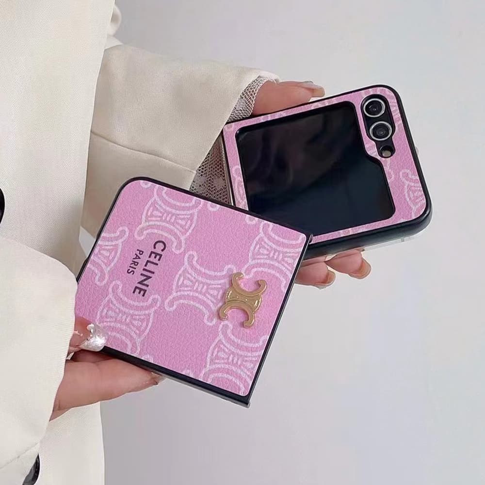 CELINE Luxury Z Flip Case - Triomphe Print Phone Cover with Gold Logo CELINE Luxury Z Flip Case - Triomphe Print Phone Cover with Gold Logo