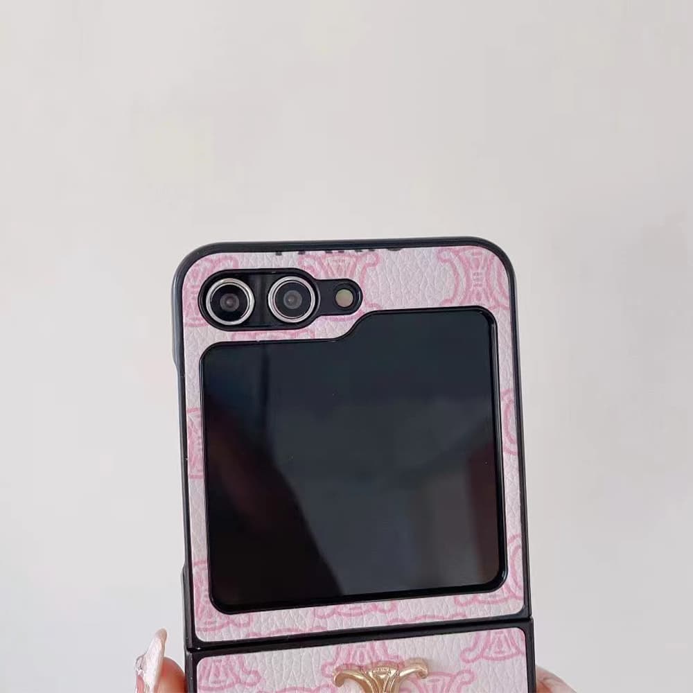CELINE Luxury Z Flip Case - Triomphe Print Phone Cover with Gold Logo CELINE Luxury Z Flip Case - Triomphe Print Phone Cover with Gold Logo