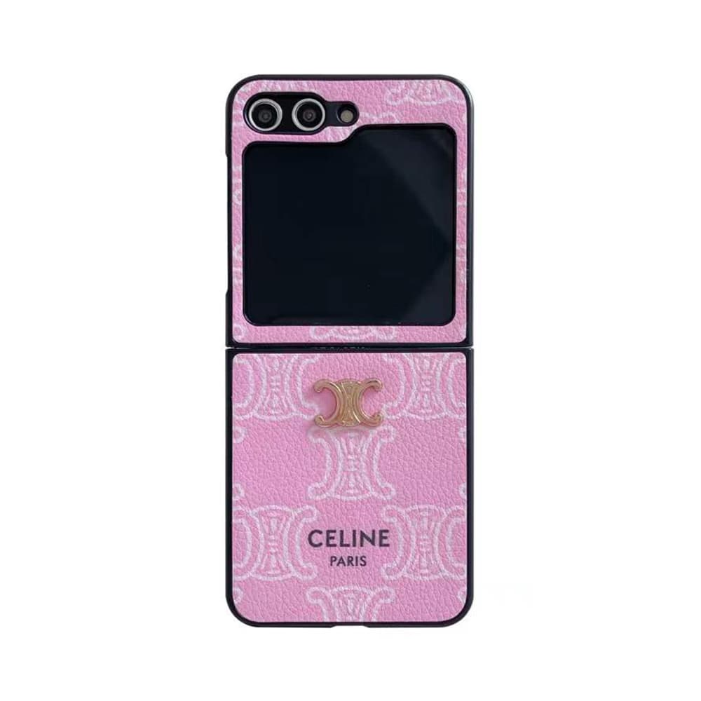 CELINE Luxury Z Flip Case - Triomphe Print Phone Cover with Gold Logo