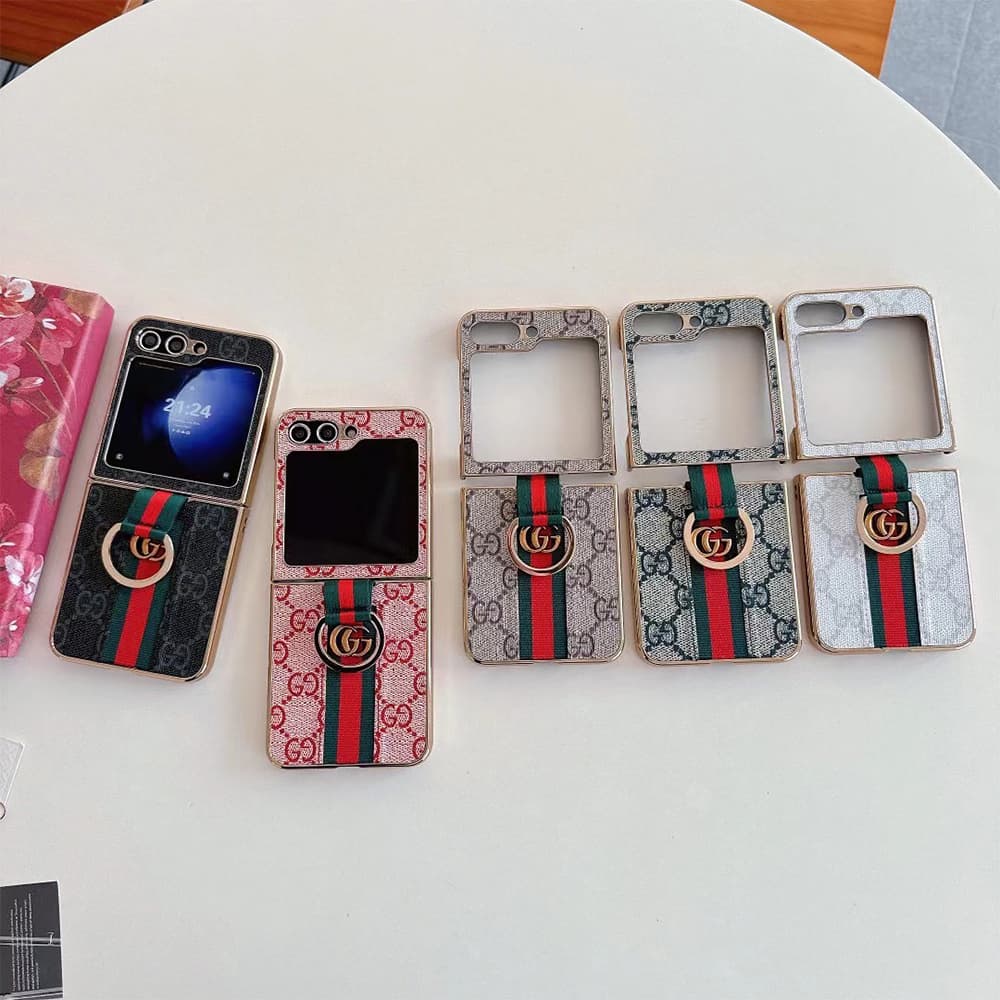 GUCCI Luxury Z Flip Case - GG Supreme with Red/Green Web & Finger Ring for Galaxy Z Flip