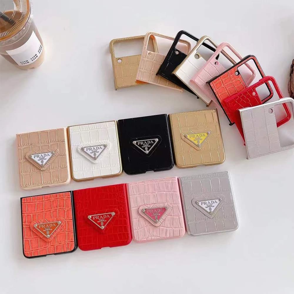 Prada Crocodile Texture with Metal Triangle Logo Galaxy Z Flip Case