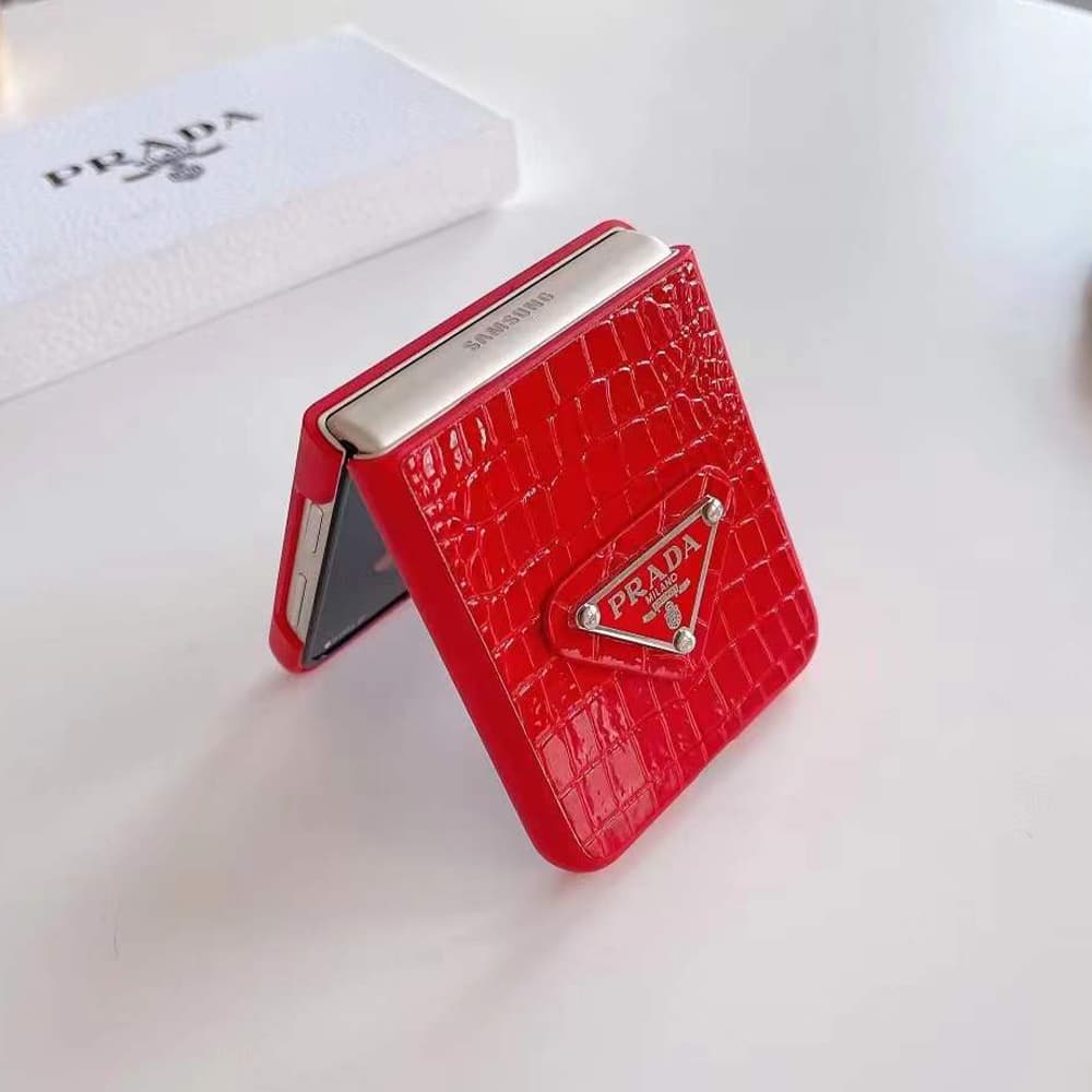 Prada Crocodile Texture with Metal Triangle Logo Galaxy Z Flip Case