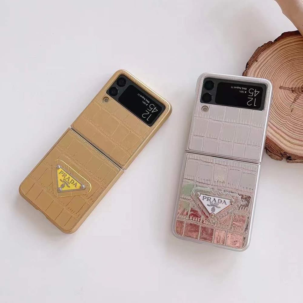 Prada Crocodile Texture with Metal Triangle Logo Galaxy Z Flip Case