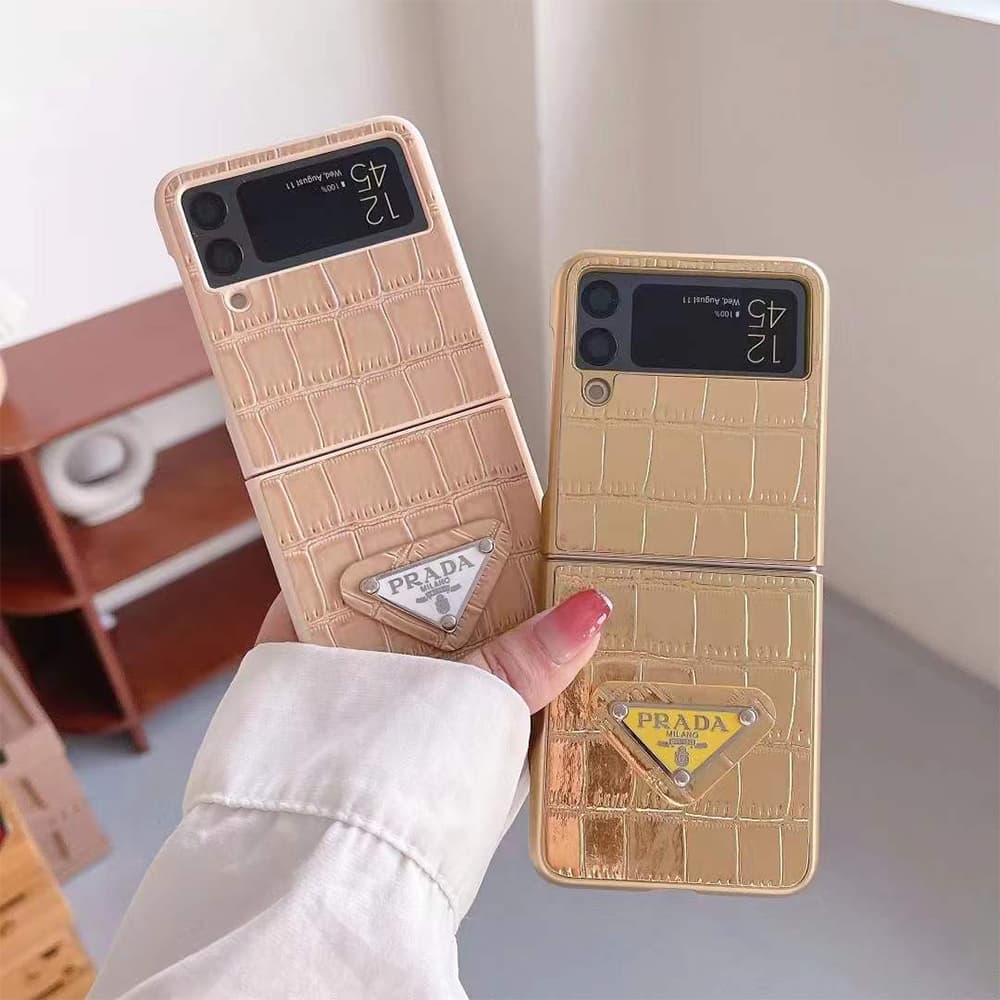Prada Crocodile Texture with Metal Triangle Logo Galaxy Z Flip Case