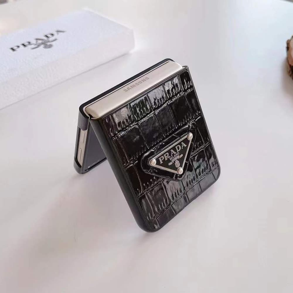 Prada Crocodile Texture with Metal Triangle Logo Galaxy Z Flip Case