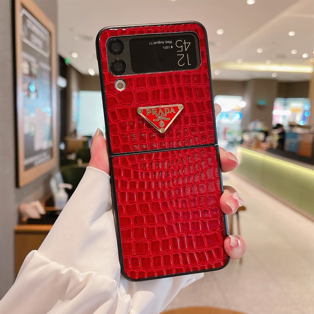 Prada Glossy Croc Triangle Logo Samsung Galaxy Z Flip Fold Case