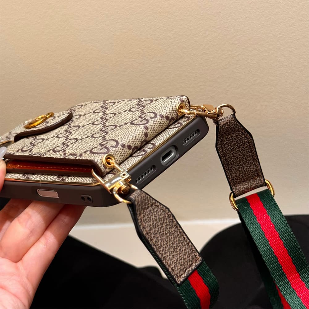 LV & Gucci Flip Card Holder & Crossbody Strap iPhone Case - Monogram Pattern