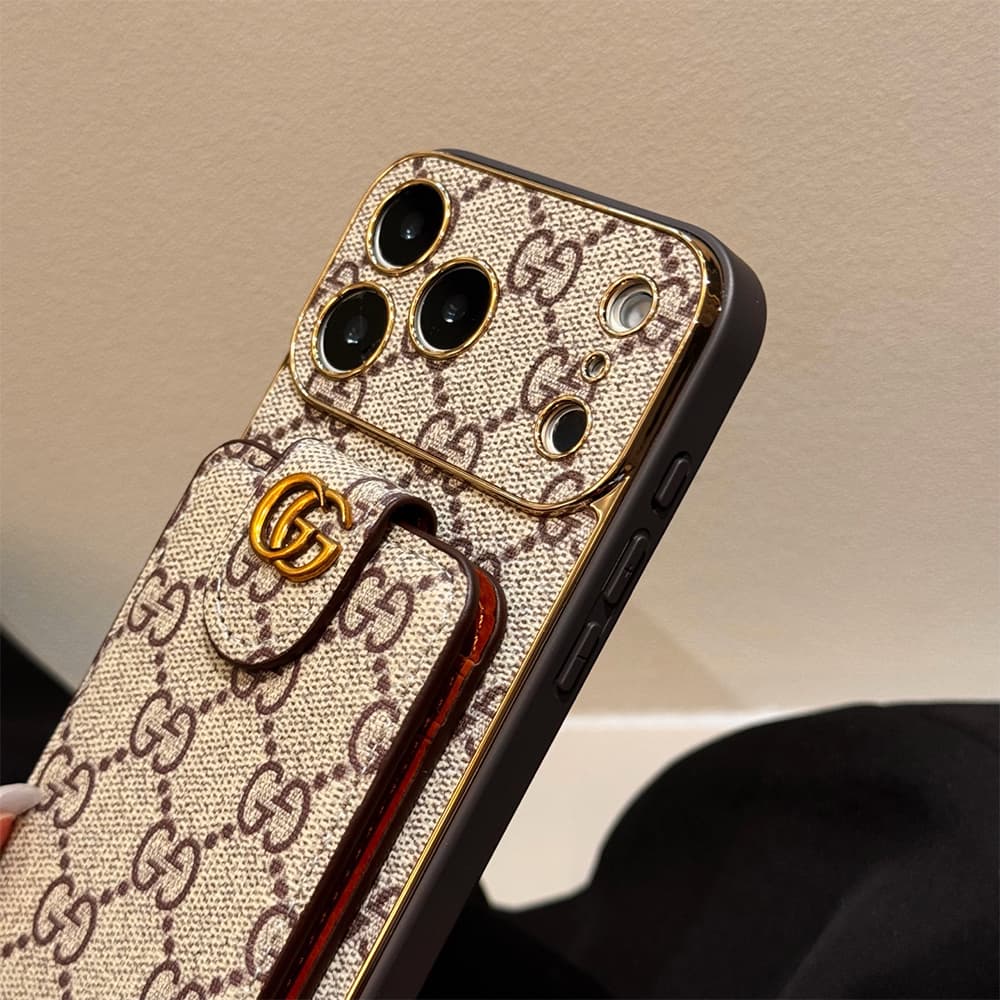 LV & Gucci Flip Card Holder & Crossbody Strap iPhone Case - Monogram Pattern