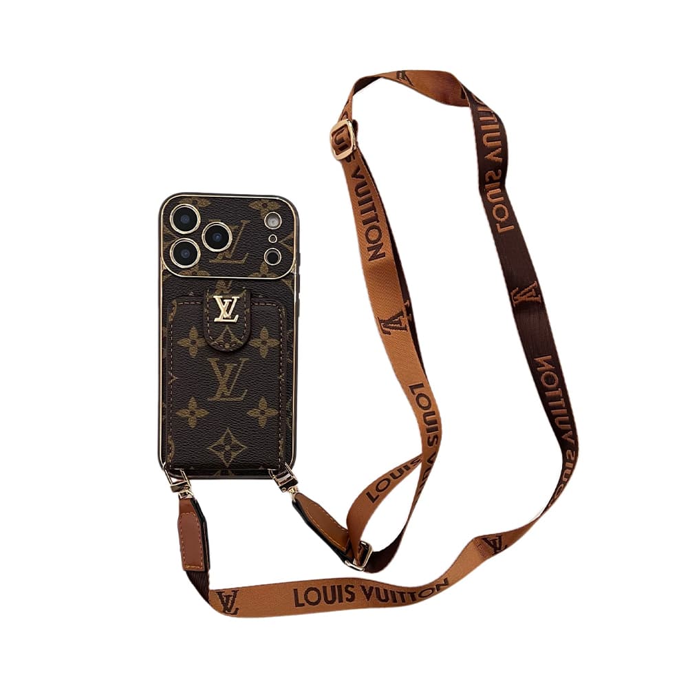 LV & Gucci Flip Card Holder & Crossbody Strap iPhone Case - Monogram Pattern