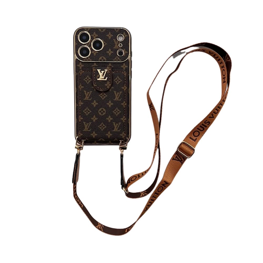 LV & Gucci Flip Card Holder & Crossbody Strap iPhone Case - Monogram Pattern