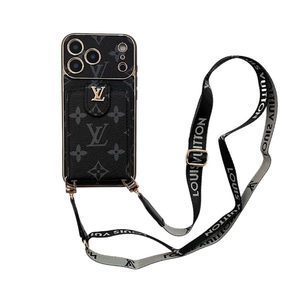 LV & Gucci Flip Card Holder & Crossbody Strap iPhone Case - Monogram Pattern