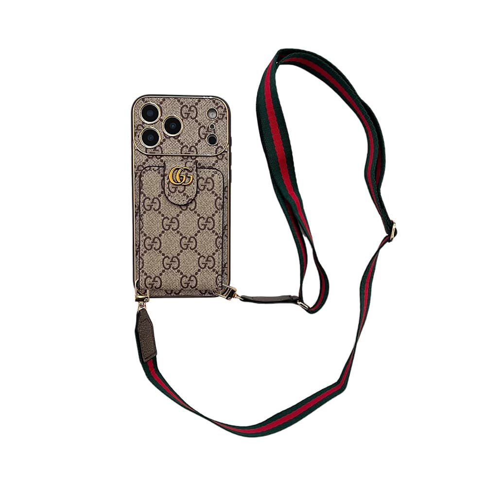 LV & Gucci Flip Card Holder & Crossbody Strap iPhone Case - Monogram Pattern