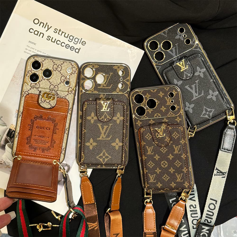 LV & Gucci Flip Card Holder & Crossbody Strap iPhone Case - Monogram Pattern