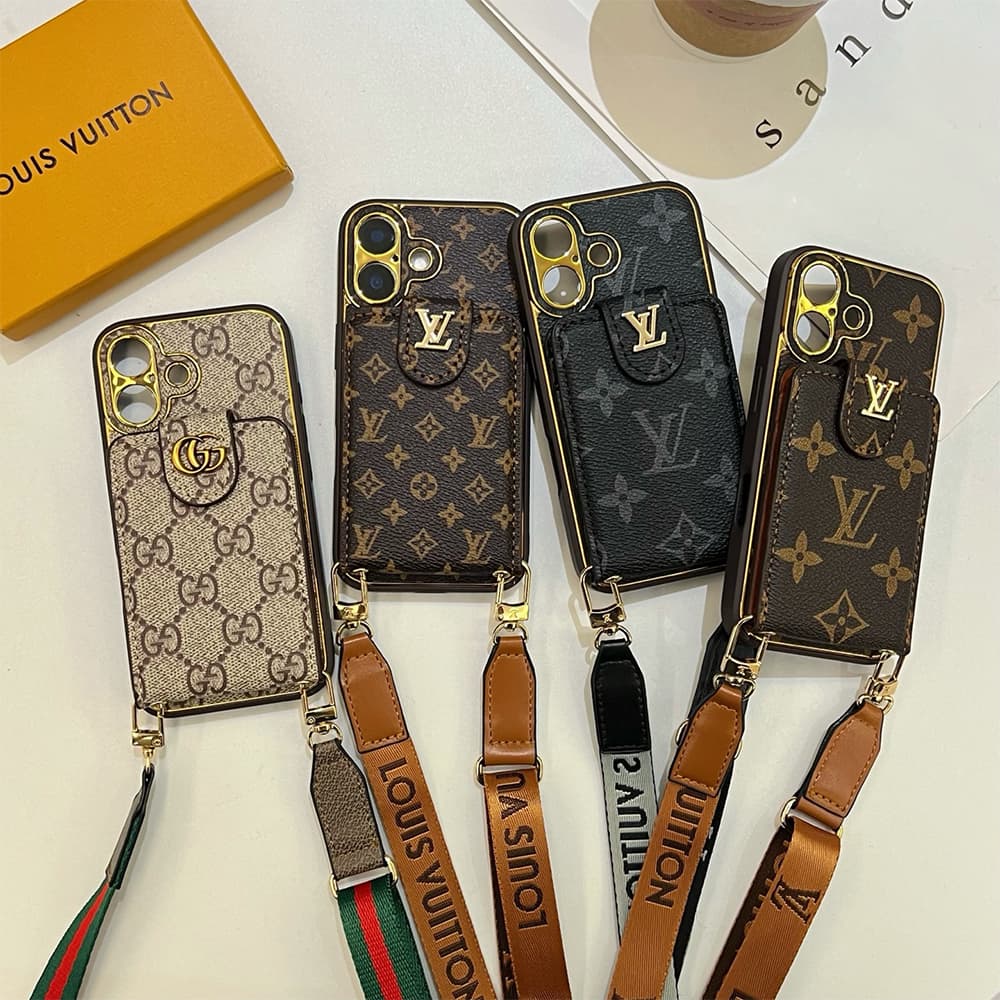 LV & Gucci Flip Card Holder & Crossbody Strap iPhone Case - Monogram Pattern