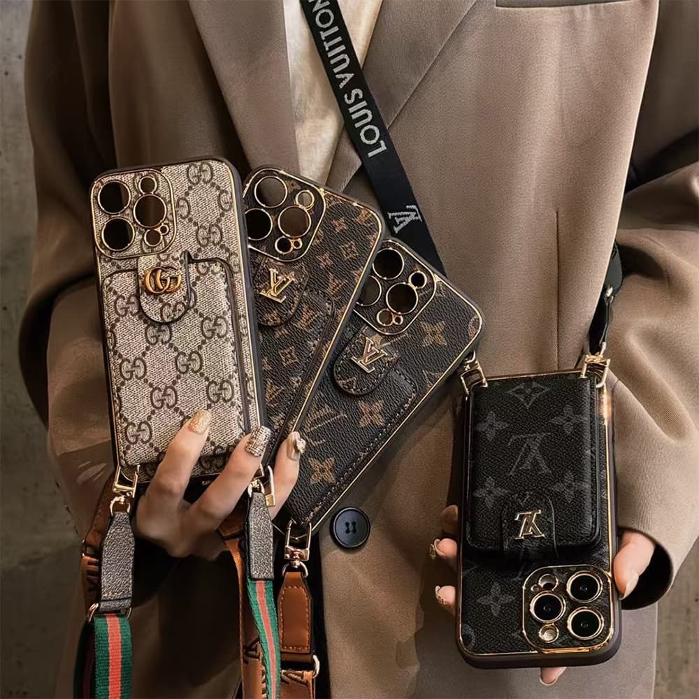 LV & Gucci Flip Card Holder & Crossbody Strap iPhone Case - Monogram Pattern