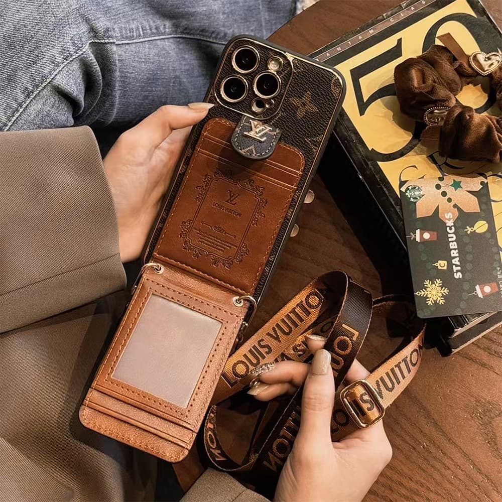 LV & Gucci Flip Card Holder & Crossbody Strap iPhone Case - Monogram Pattern