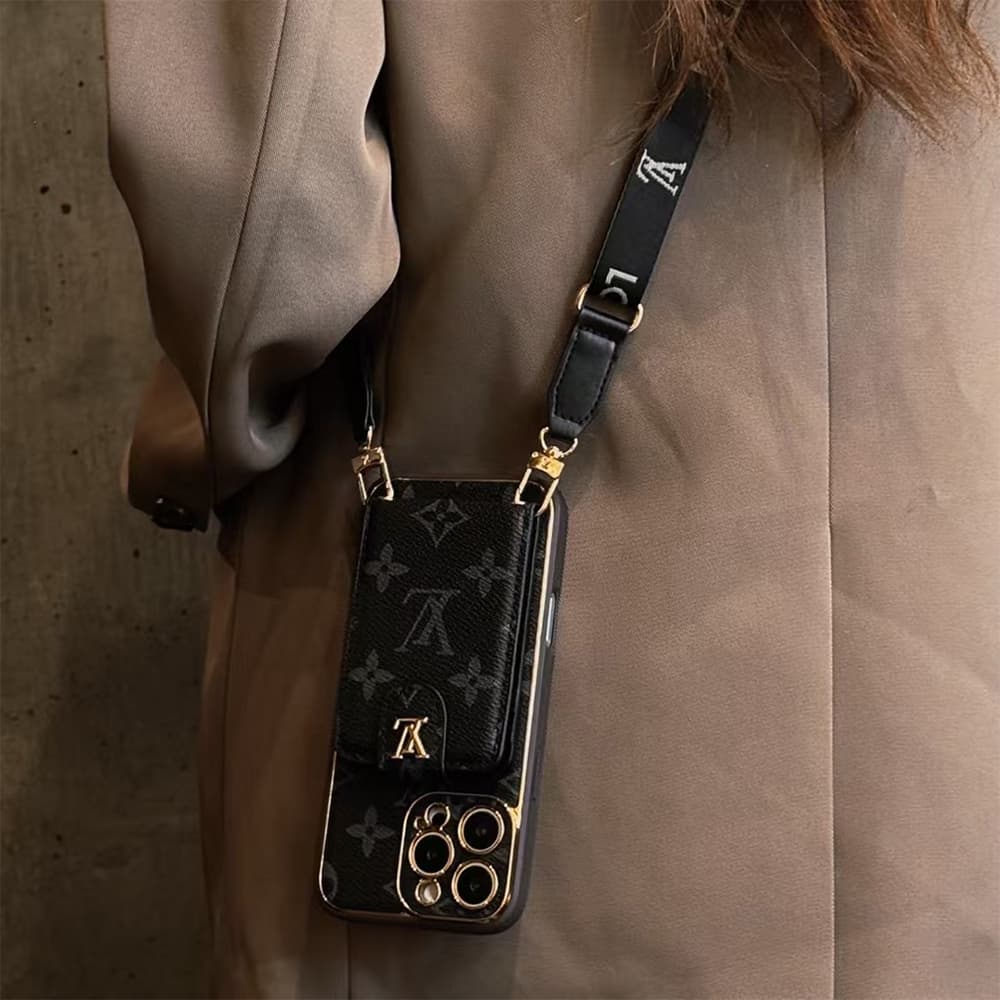 LV & Gucci Flip Card Holder & Crossbody Strap iPhone Case - Monogram Pattern