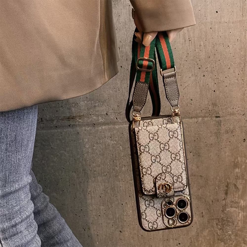 LV & Gucci Flip Card Holder & Crossbody Strap iPhone Case - Monogram Pattern