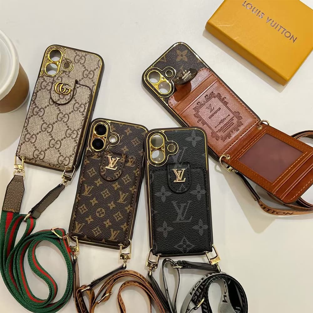 Designer Monogram iPhone Case Collection - LV/Gucci Luxury Cover with Card Holder & Detachable Lanyard