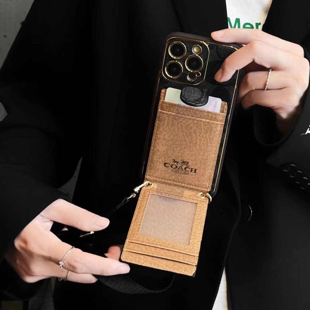 Coach Signature iPhone Case - Monogram Luxury Cover with Flip Wallet & Adjustable Lanyard
