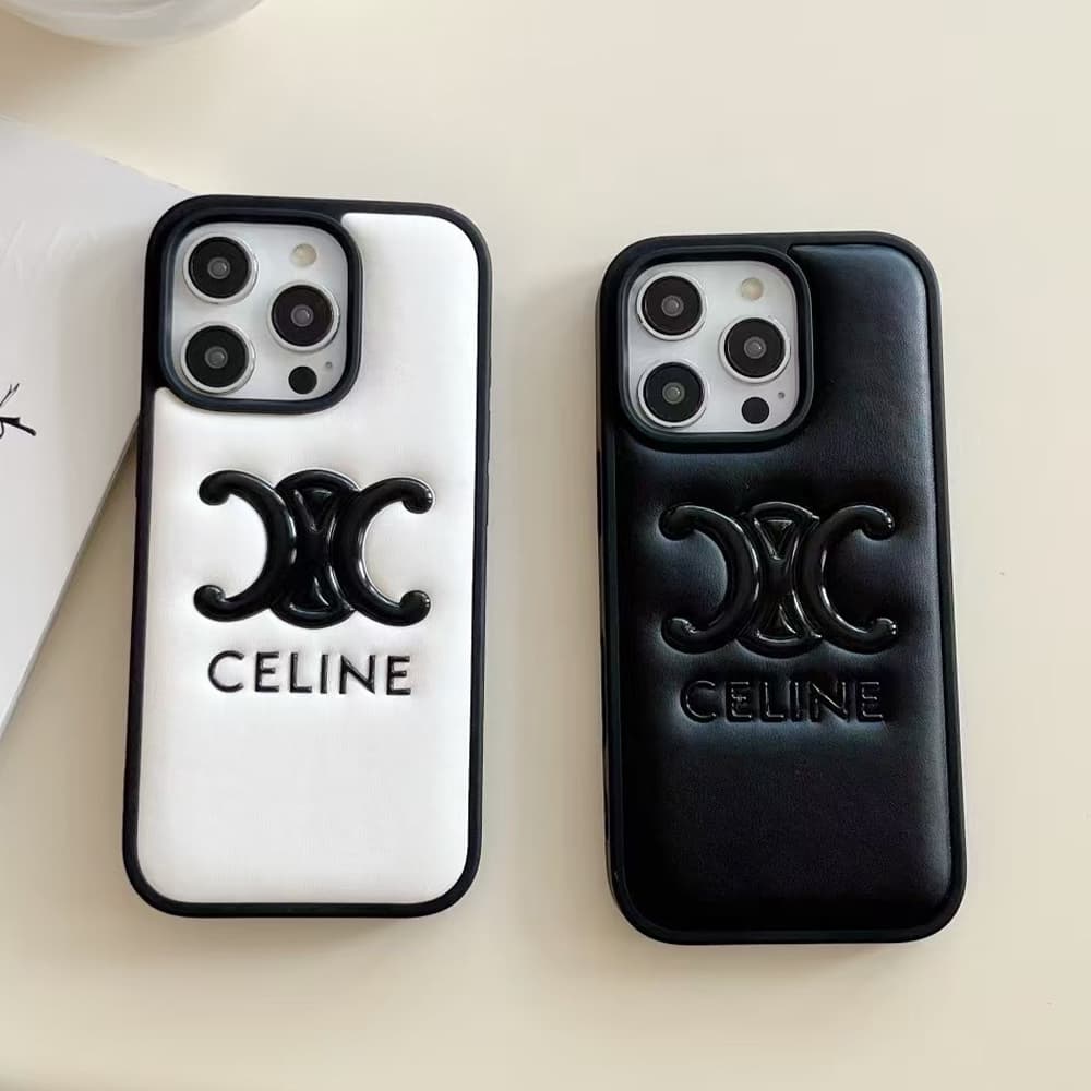CELINE Minimalist iPhone Case - Double C Logo & Premium PU Leather (Black/White)