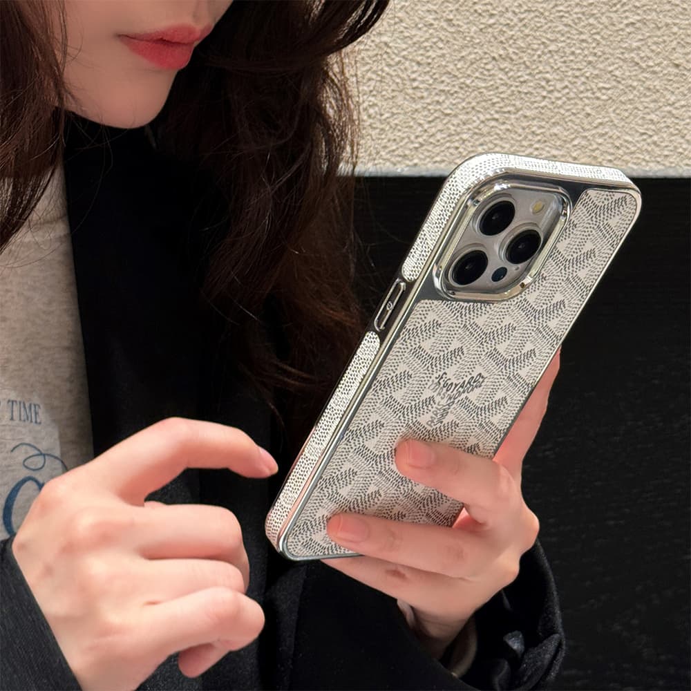 Goyard Y-Monogram Pattern with Silver Plated Frame iPhone Case