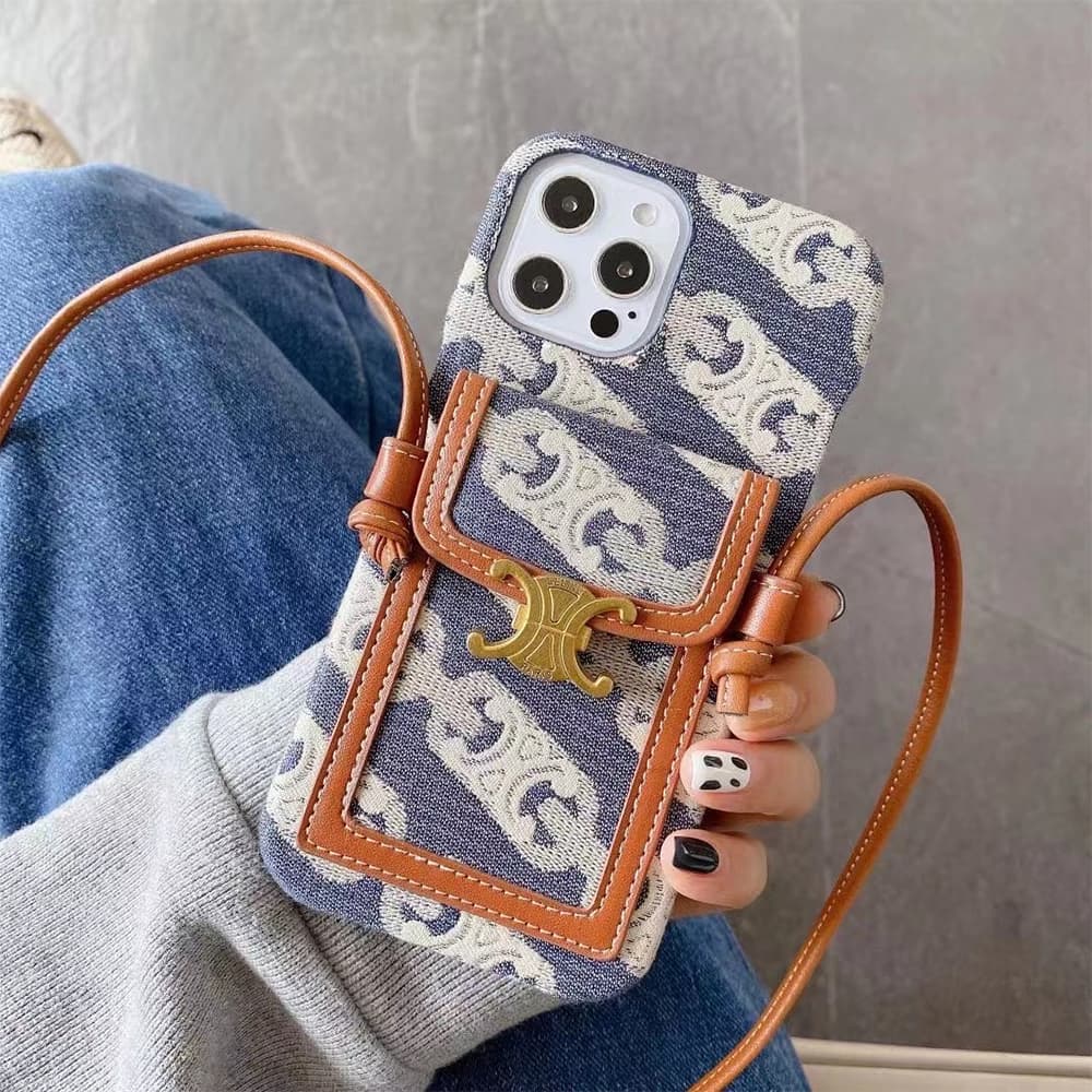 Celine Triomphe Luxury iPhone Case - Floral Jacquard Crossbody Phone Purse with Card Slot Celine Triomphe Luxury iPhone Case - Floral Jacquard Crossbody Phone Purse with Card Slot