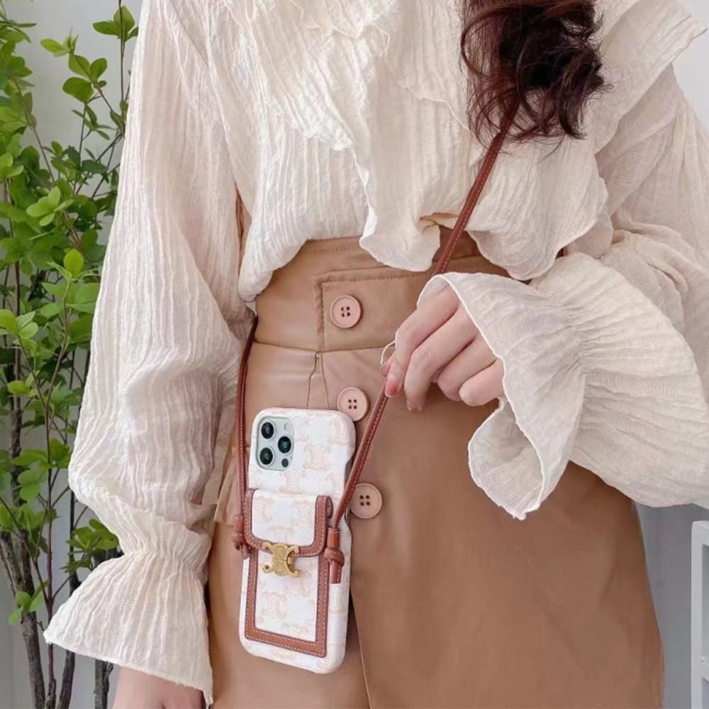 Celine Triomphe Luxury iPhone Case - Floral Jacquard Crossbody Phone Purse with Card Slot Celine Triomphe Luxury iPhone Case - Floral Jacquard Crossbody Phone Purse with Card Slot