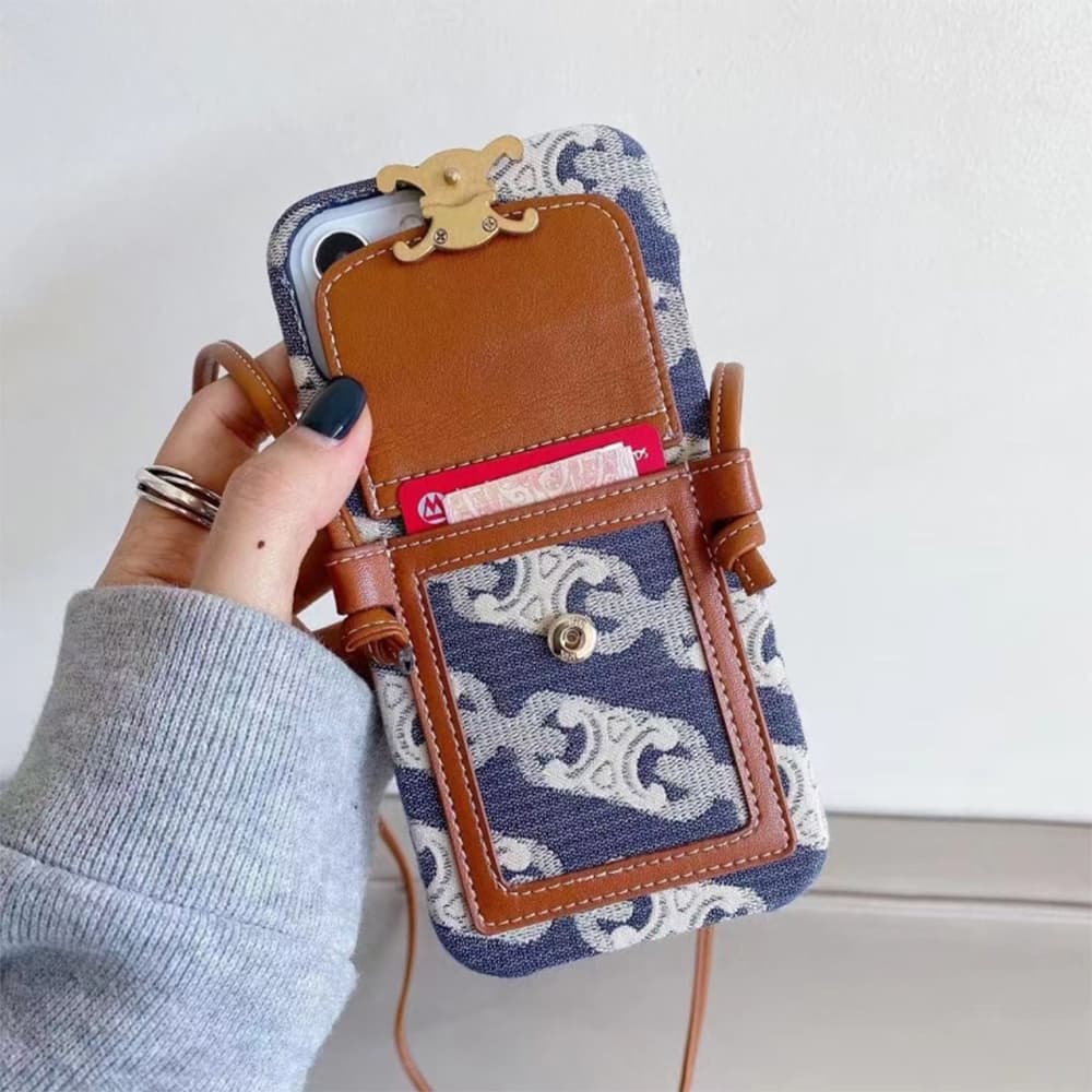 Celine Triomphe Luxury iPhone Case - Floral Jacquard Crossbody Phone Purse with Card Slot Celine Triomphe Luxury iPhone Case - Floral Jacquard Crossbody Phone Purse with Card Slot