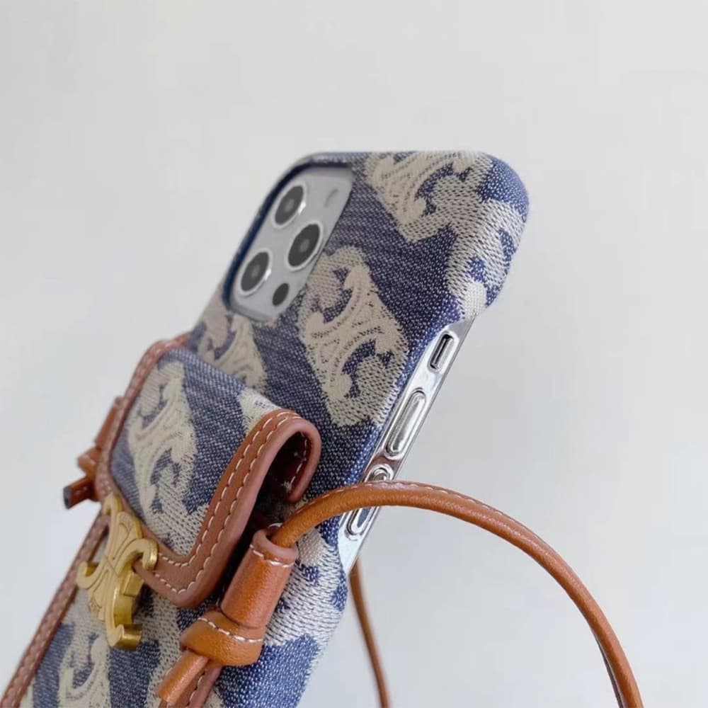 Celine Triomphe Luxury iPhone Case - Floral Jacquard Crossbody Phone Purse with Card Slot Celine Triomphe Luxury iPhone Case - Floral Jacquard Crossbody Phone Purse with Card Slot