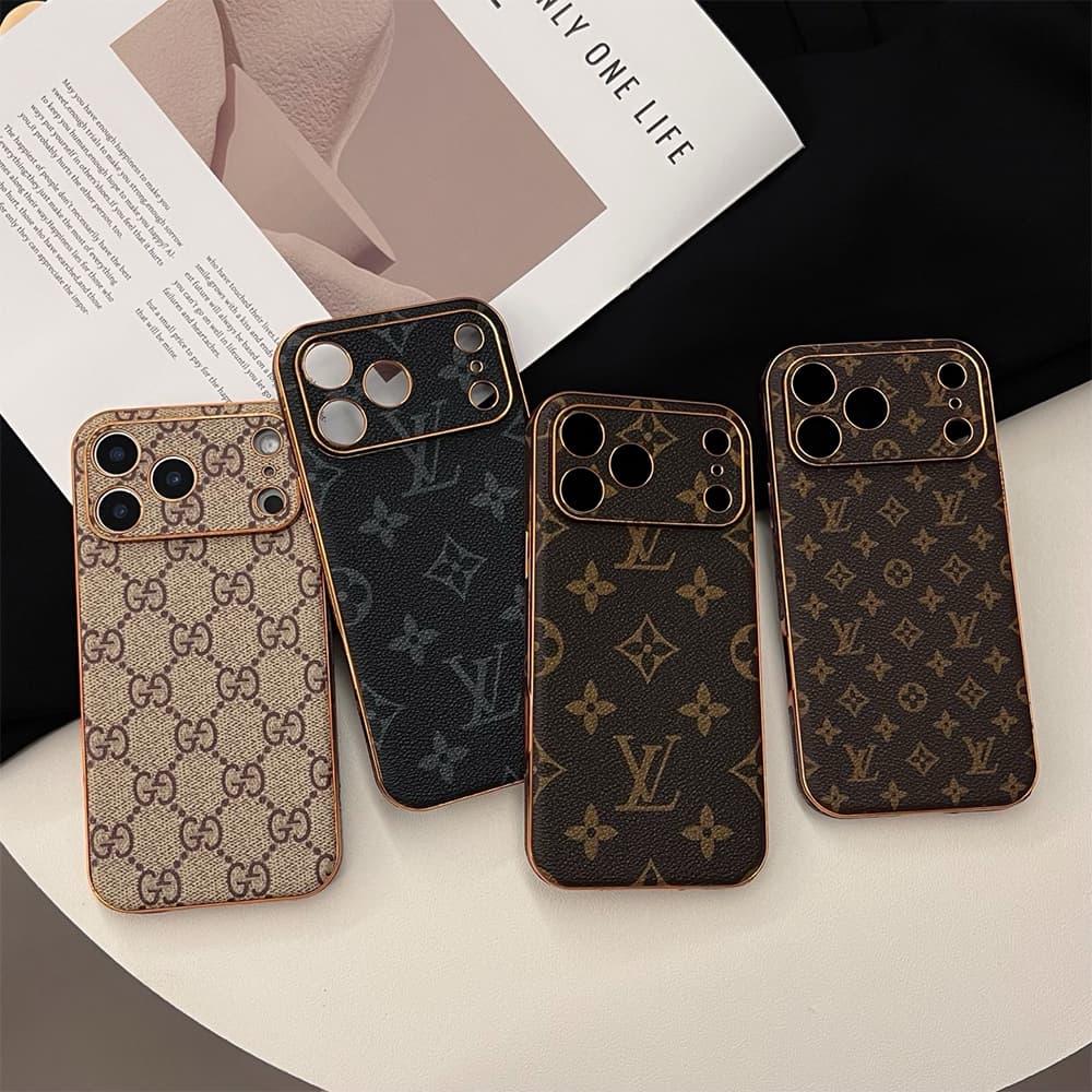 LV & Gucci Full Faux Leather Wrap with Gold Plated Frame iPhone Case