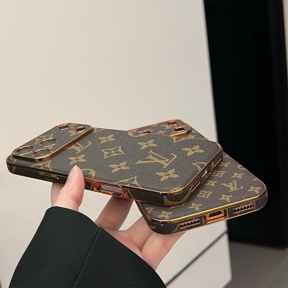 LV & Gucci Full Faux Leather Wrap with Gold Plated Frame iPhone Case
