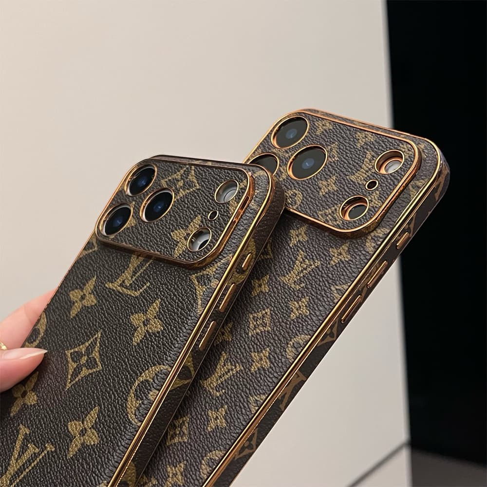 LV & Gucci Full Faux Leather Wrap with Gold Plated Frame iPhone Case