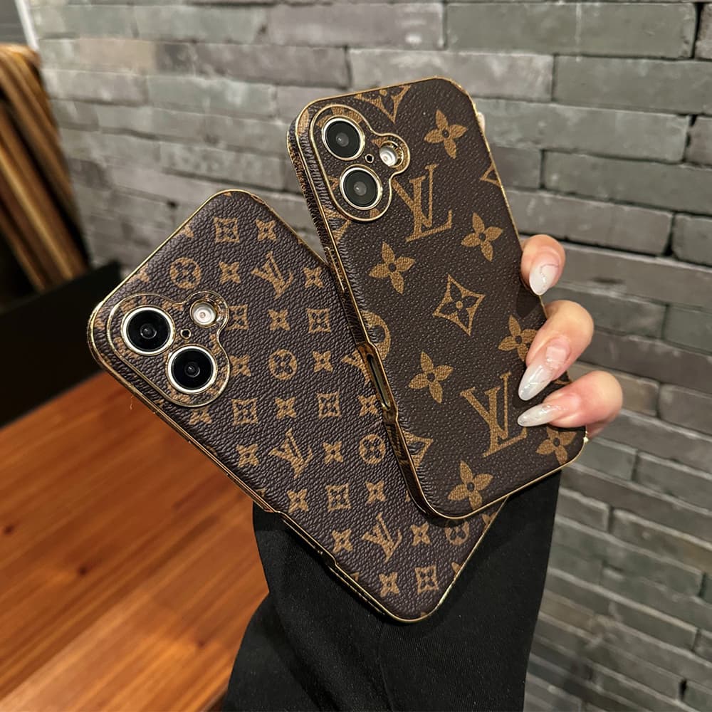 LV & Gucci Full Faux Leather Wrap with Gold Plated Frame iPhone Case