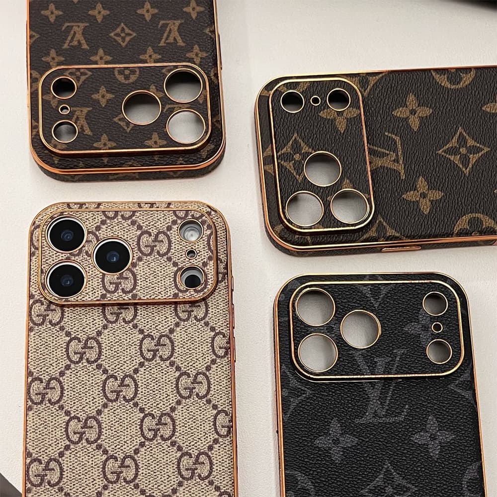 LV & Gucci Full Faux Leather Wrap with Gold Plated Frame iPhone Case