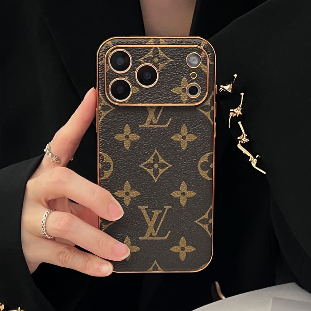 LV & Gucci Full Faux Leather Wrap with Gold Plated Frame iPhone Case