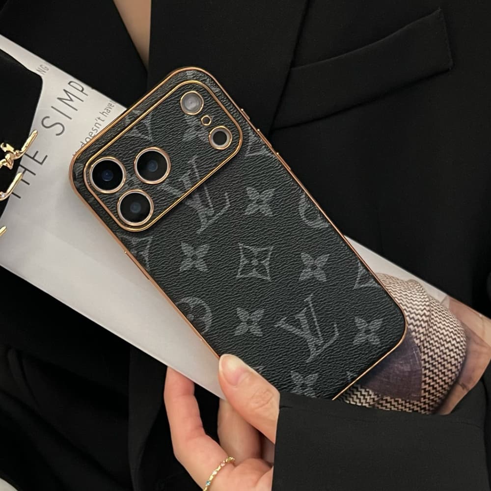 LV & Gucci Full Faux Leather Wrap with Gold Plated Frame iPhone Case